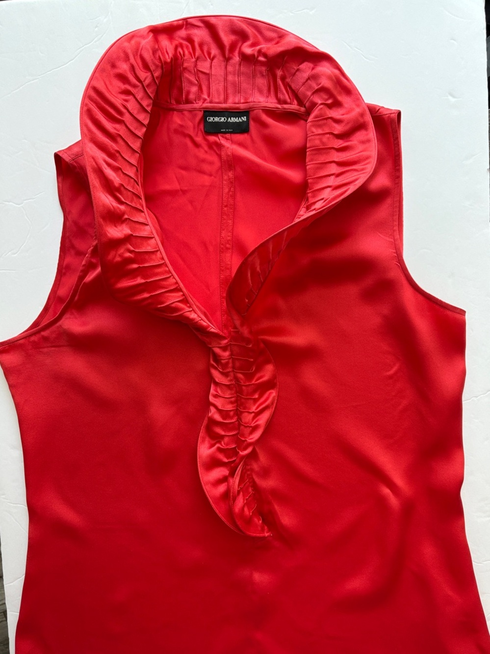 Giorgio Armani Vibrant Red Sleeveless Silk Ruffle V-Neck Top